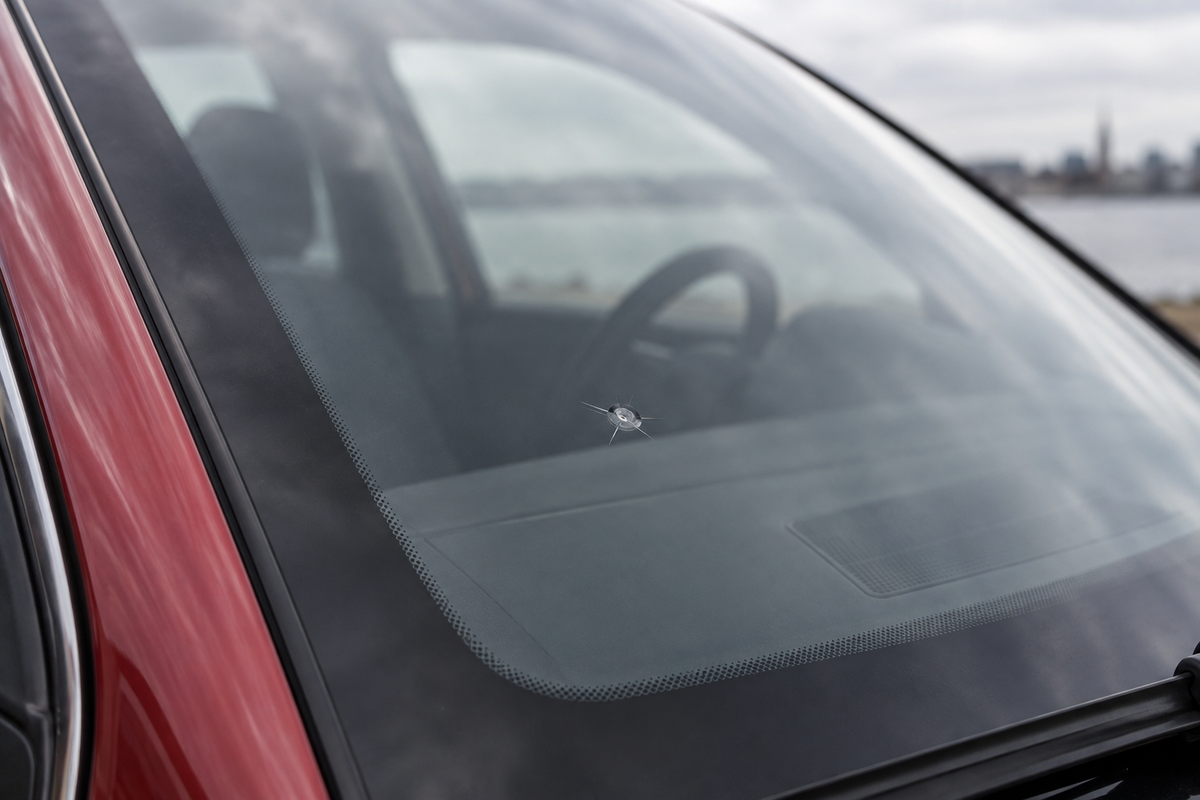 Väike tähekujuline kivitäke auto esiklaasis lähivaates.