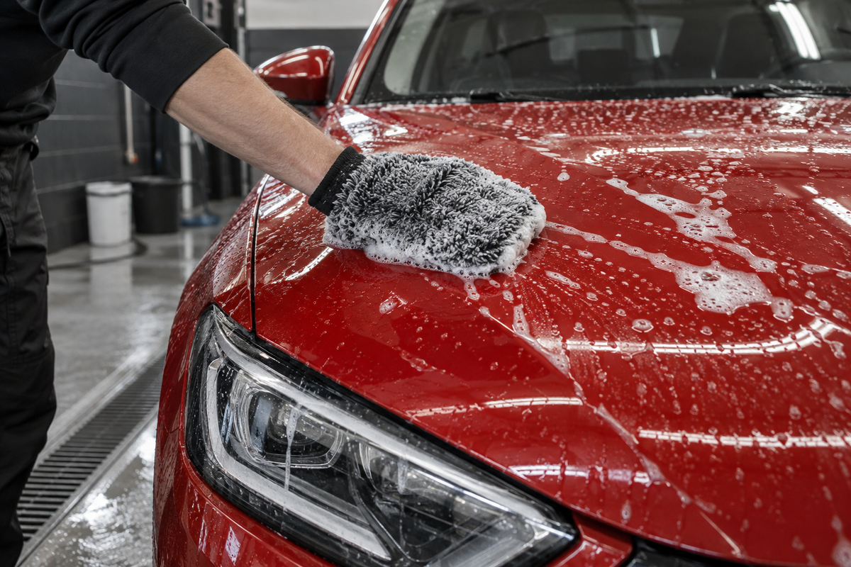 Punase auto värvipinna õrn käsipesu pehme pesukindaga.