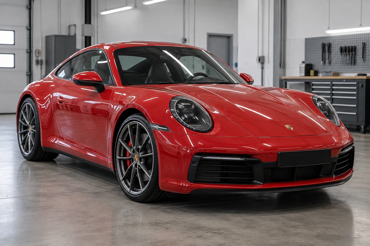 Punane Porsche 911 töökojas, külgvalgus toob esile kerejooned ja paneelide vahed.