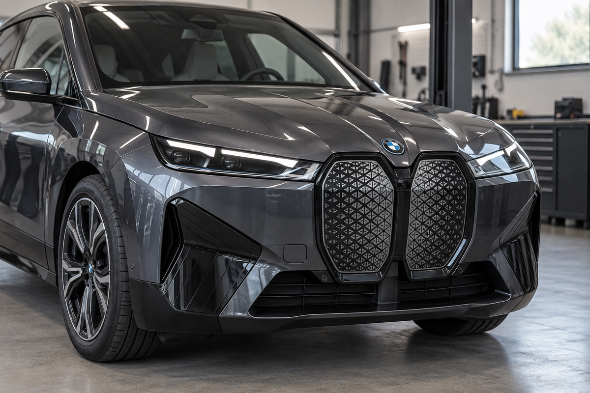 Halli BMW iX esiosa ja suletud neeruvõre lähivaade neutraalses töökojas.