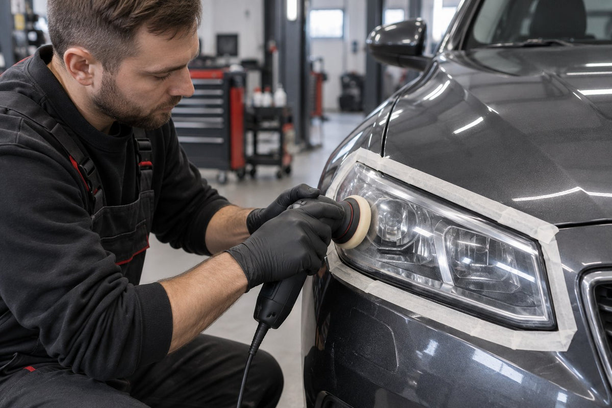 Auto esilaterna klaasi taastamine väikese poleerimismasinaga