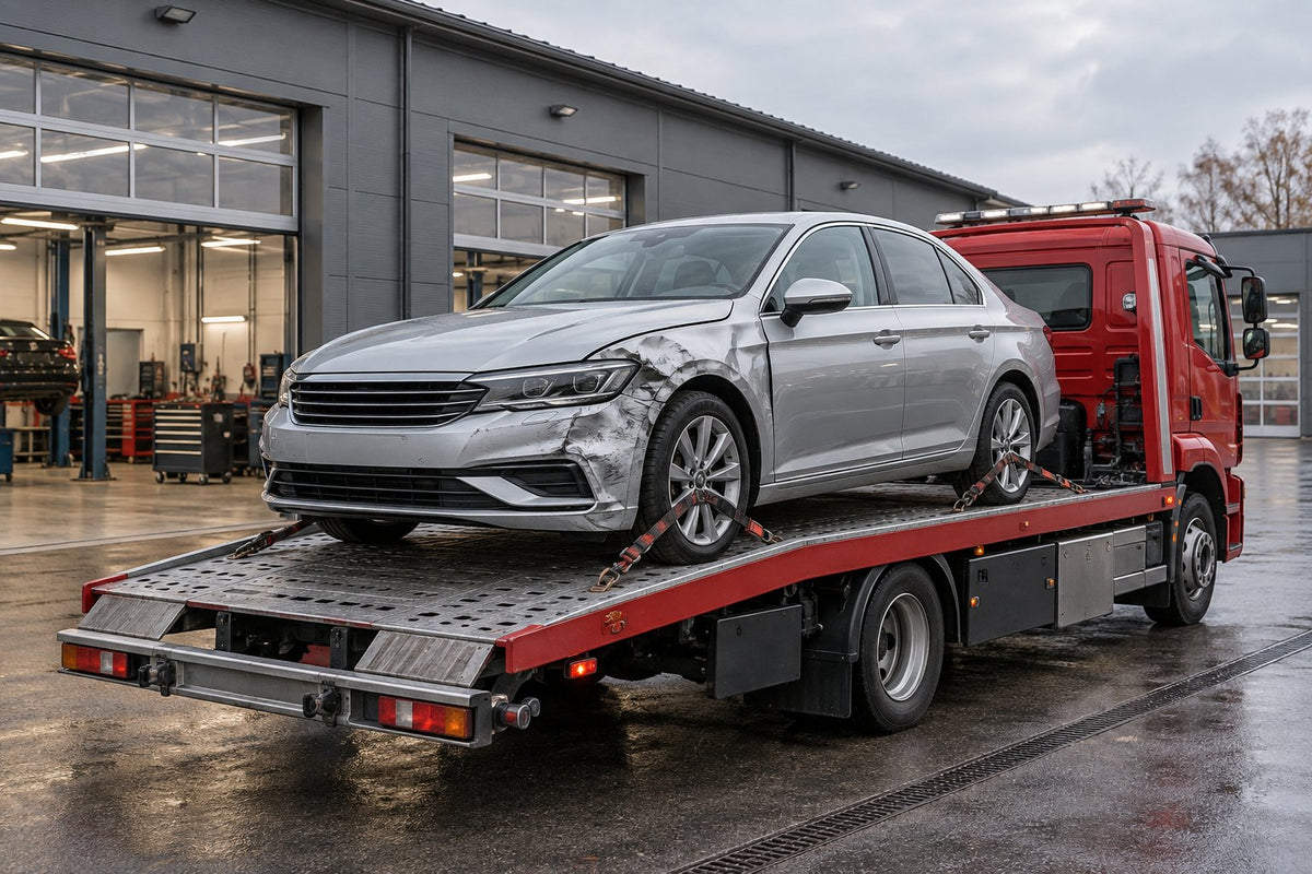 Kahjustatud sõiduauto transport treilerautol töökotta