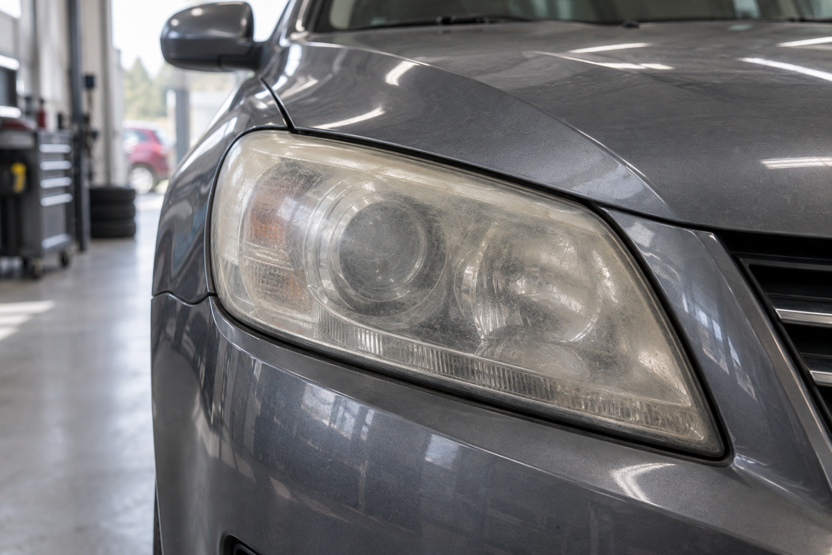 Tuhmunud plastist esitule lähivaade punasel autol töökojas.