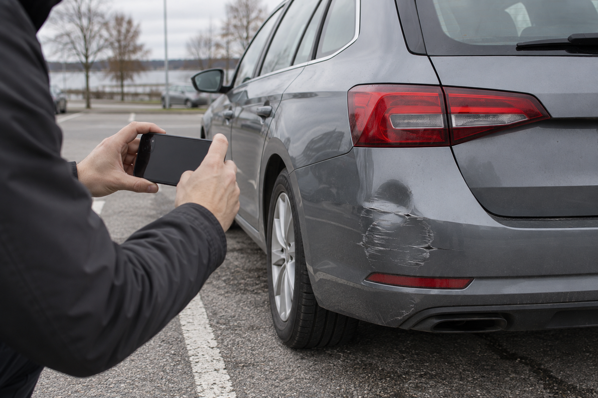 Kergelt kahjustatud kaitseraua pildistamine ohutult pargitud auto juures.