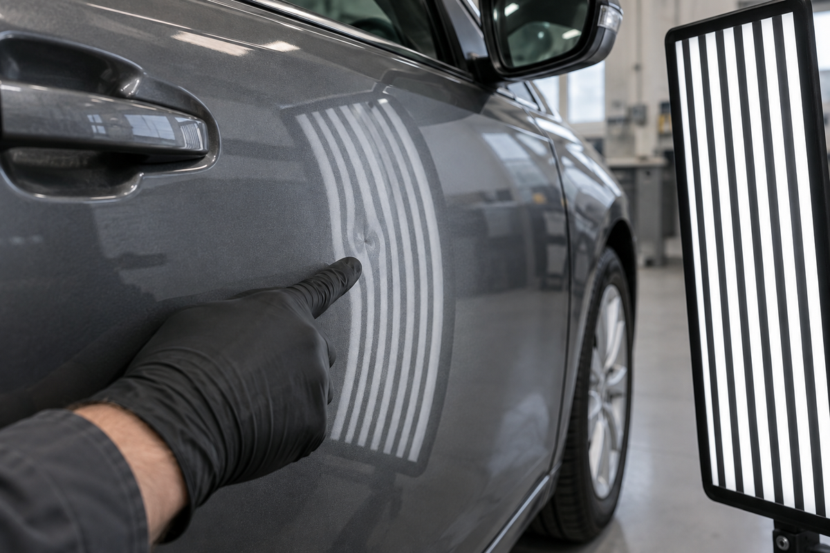 Auto ukse mõlgi hindamine sirgete valguspeegelduste abil.