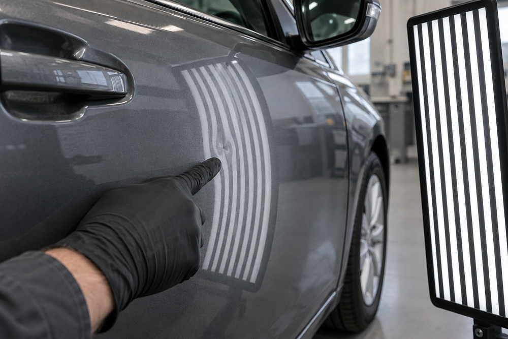 Auto ukse mõlgi hindamine sirgete valguspeegelduste abil.