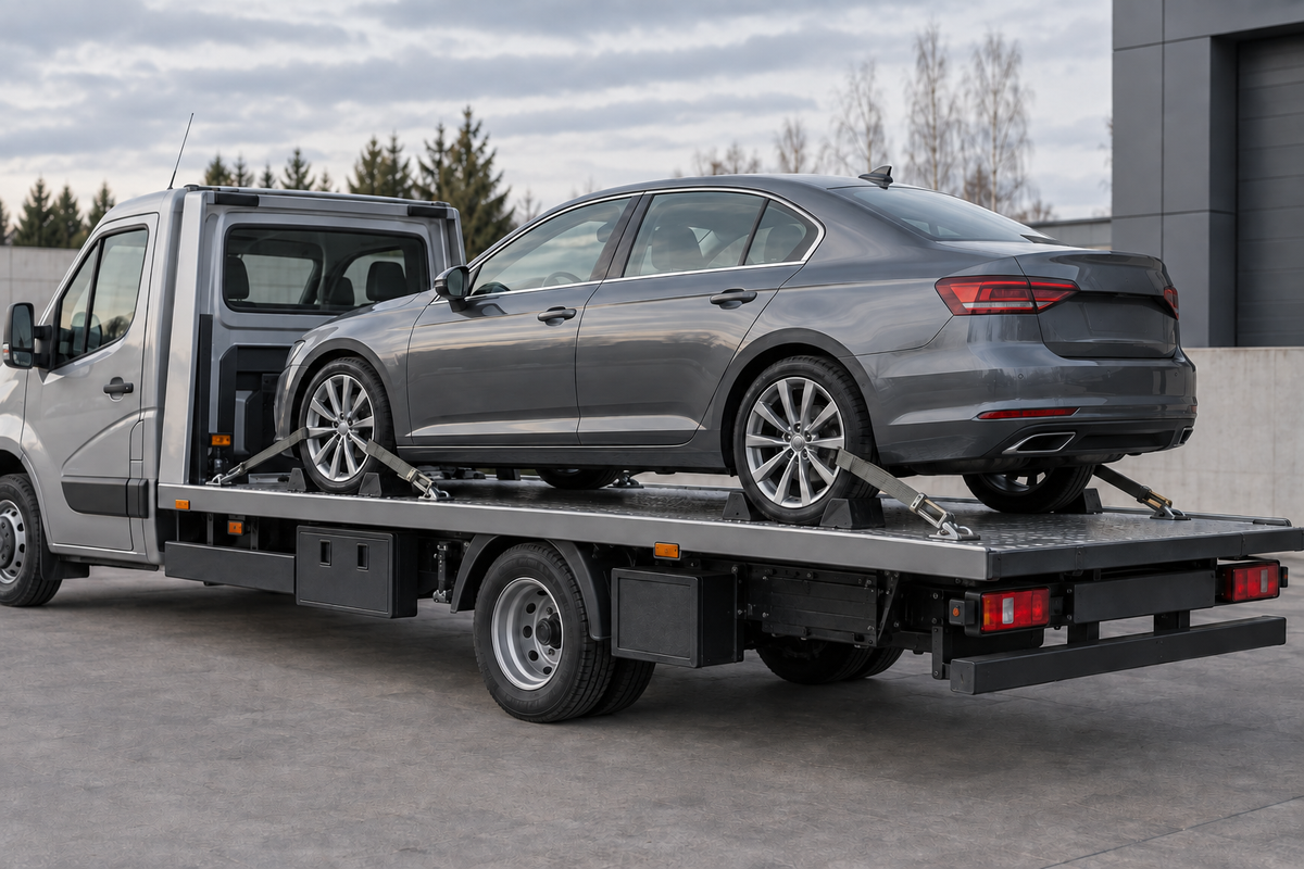 Punane auto nõuetekohaselt kinnitatud veoplatvormile, laadimisrambid hoiustatud.
