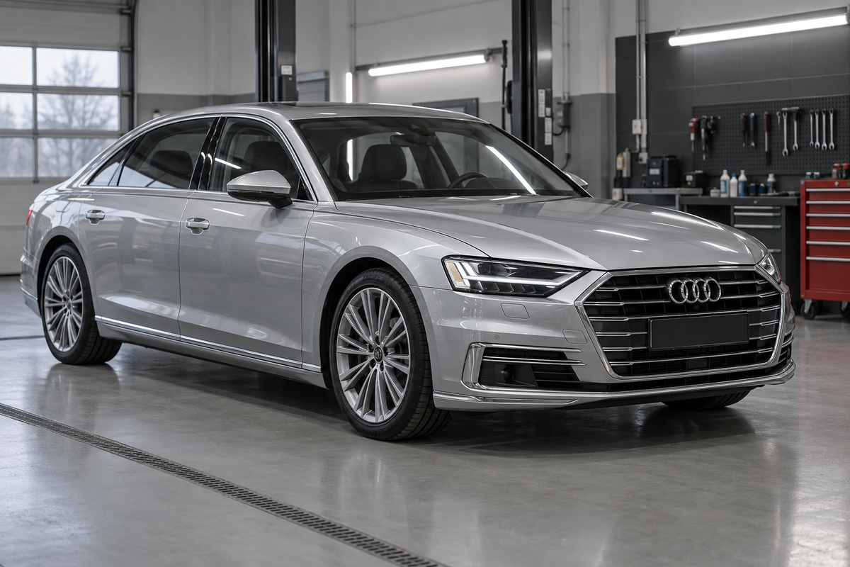 Hõbedane Audi A8 töökojas; valgus rõhutab külgpaneelide pindu ja uksevahesid.