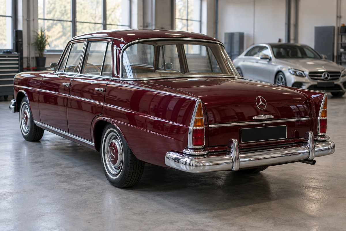 Bordoopunane klassikaline Mercedes-Benz W111 ja taustal tänapäevane hõbedane Mercedes-Benz.