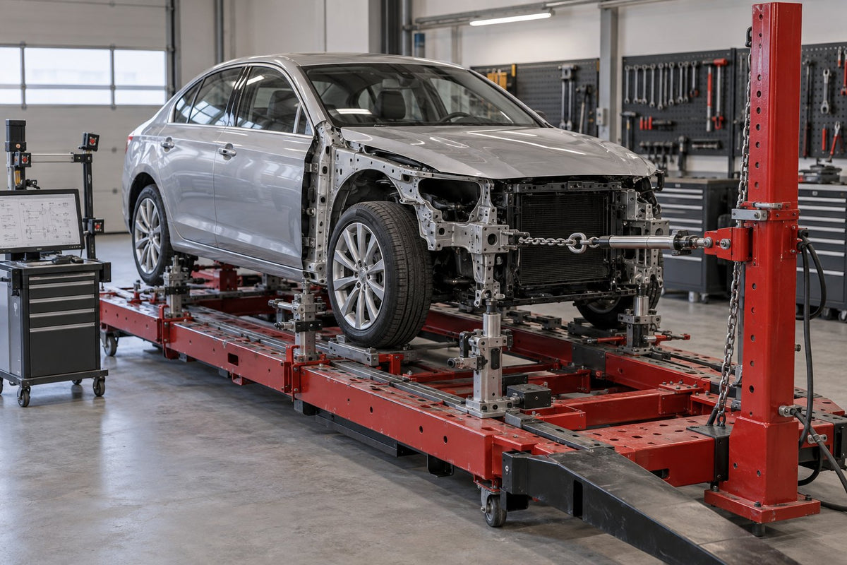 Auto kere taastamine kinnitus- ja mõõteseadmetega kerevenituspingil